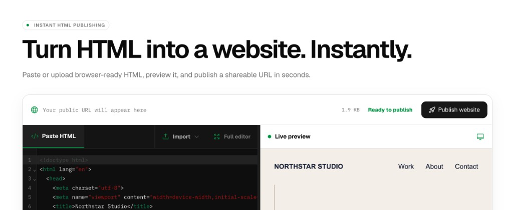 Editor with pasted HTML on the left, live preview on the right, and an enabled Publish website button.
