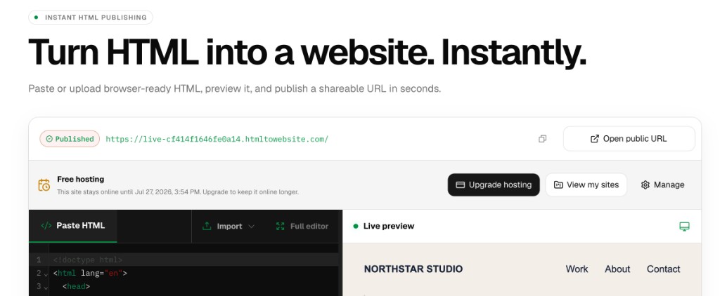 HtmlToWebsite editor showing a published site with a live public URL.