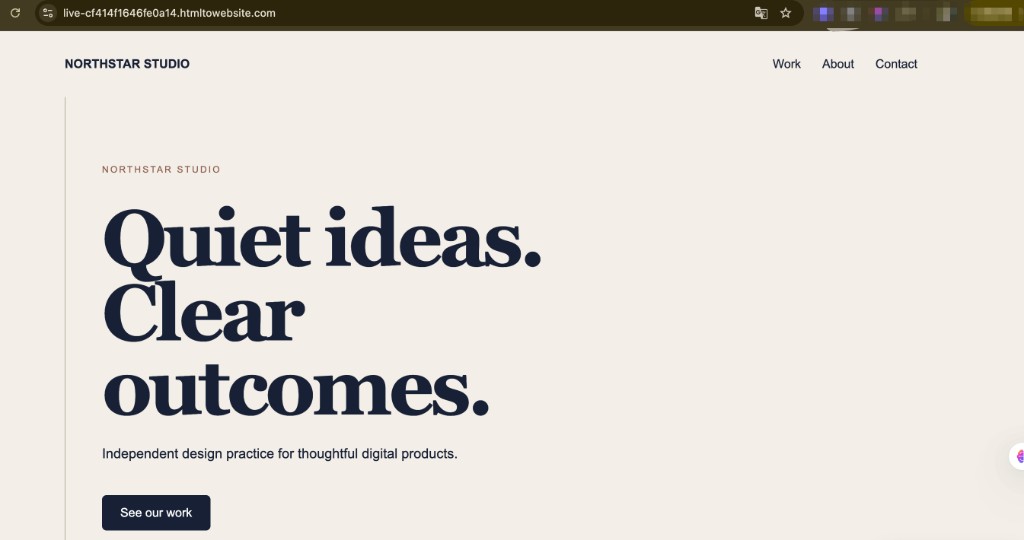 The finished website open in a browser at its live htmltowebsite.com address.