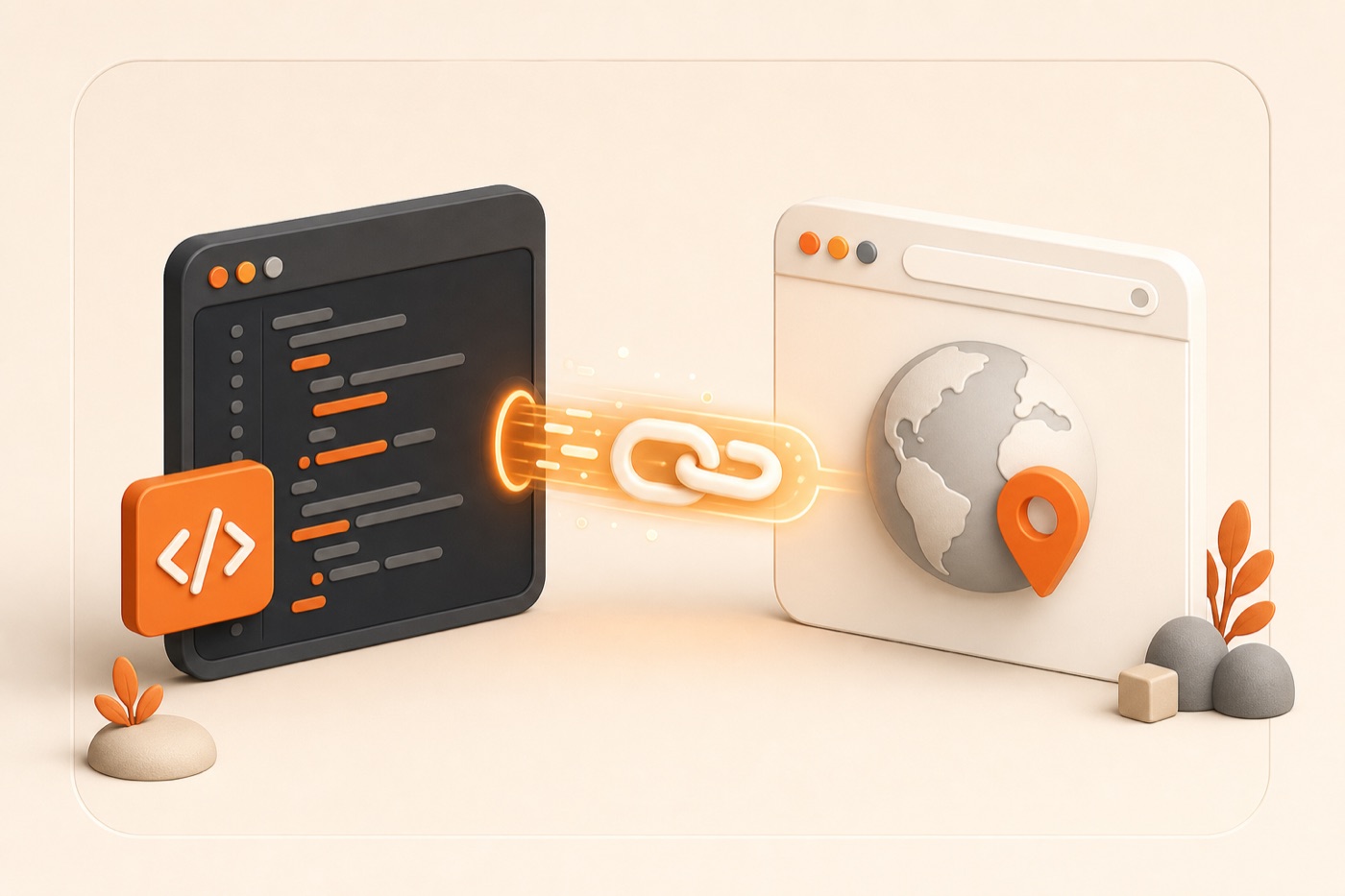 Illustration of HTML code becoming a public browser URL