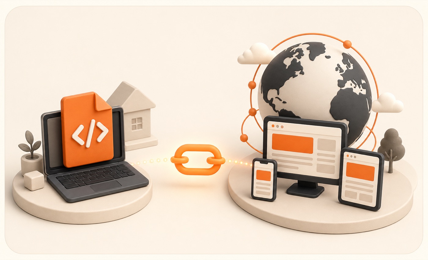Illustration of a local HTML file becoming a public URL available on multiple devices