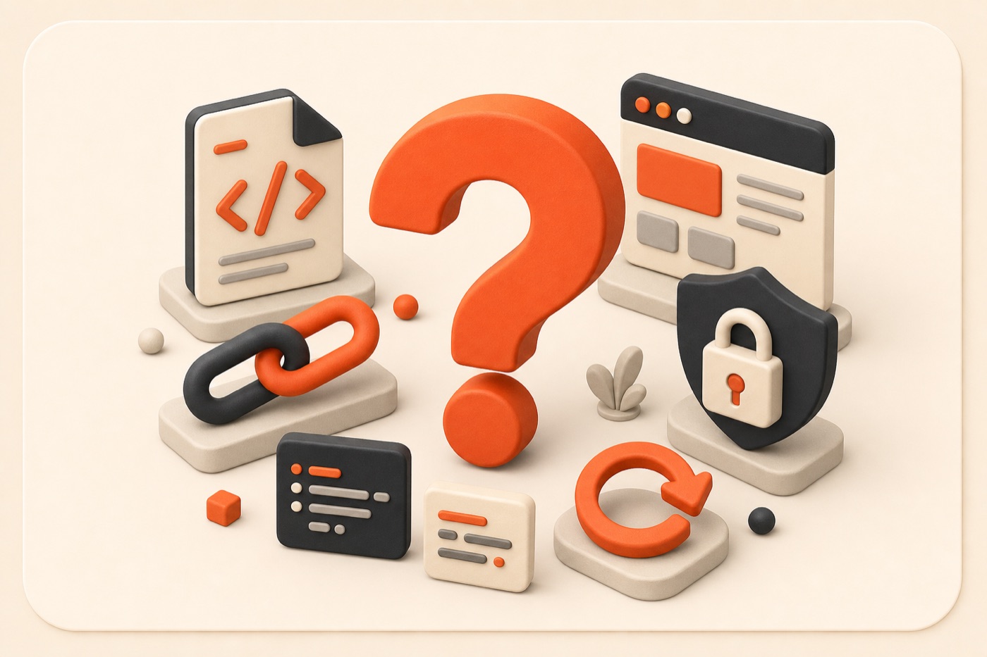 Illustration of common questions about HTML files, public URLs, HTTPS, and updates