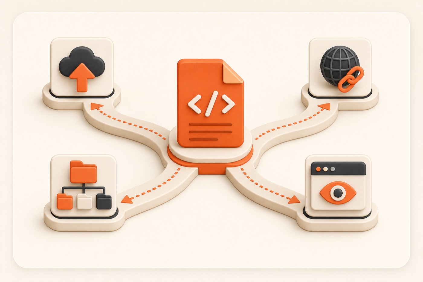 Illustration of HTML upload, public URL, static-site folder, and browser preview options