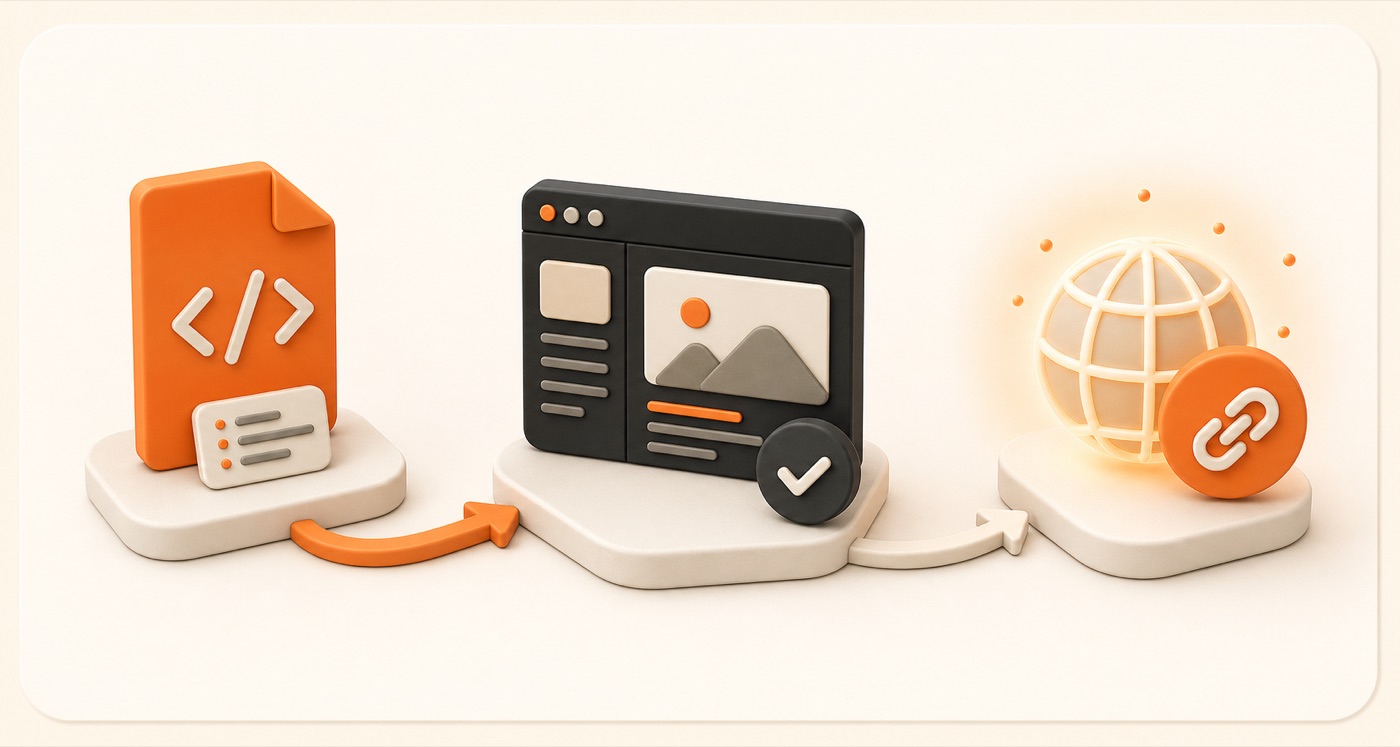 Three-step illustration showing HTML input, browser preview, and a live URL