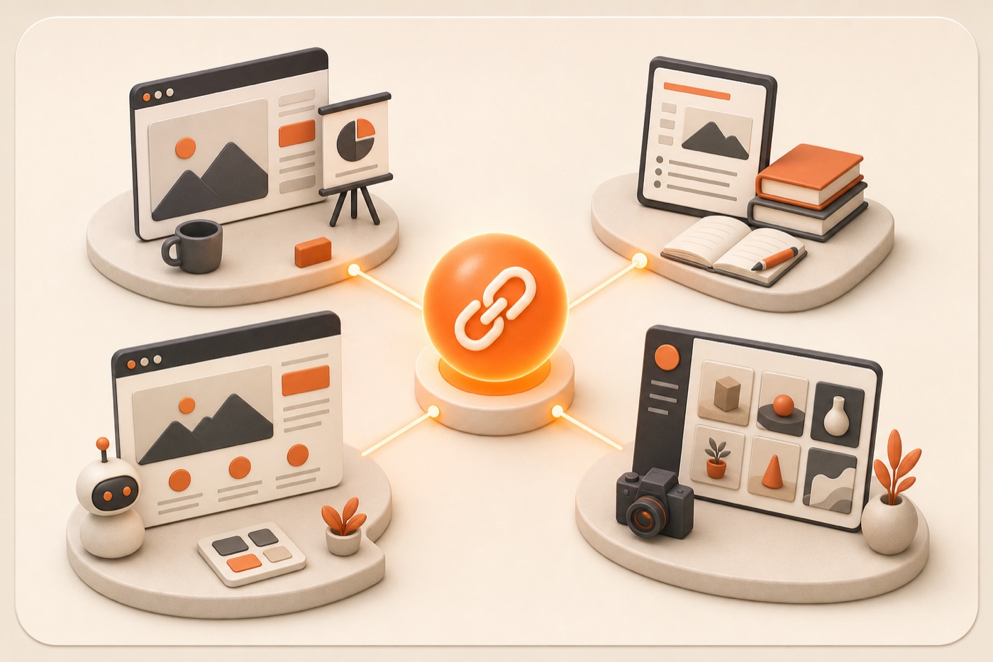 Illustration of one HTML URL shared across client previews, assignments, AI pages, and portfolios